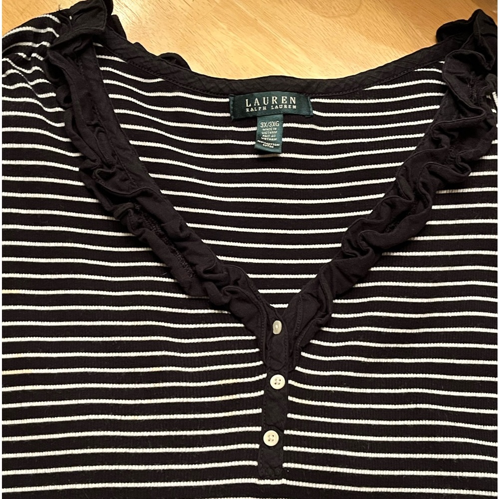 Ralph Lauren 3X black white stripe ruffle V neck 3/4 sleeve cotton EUC